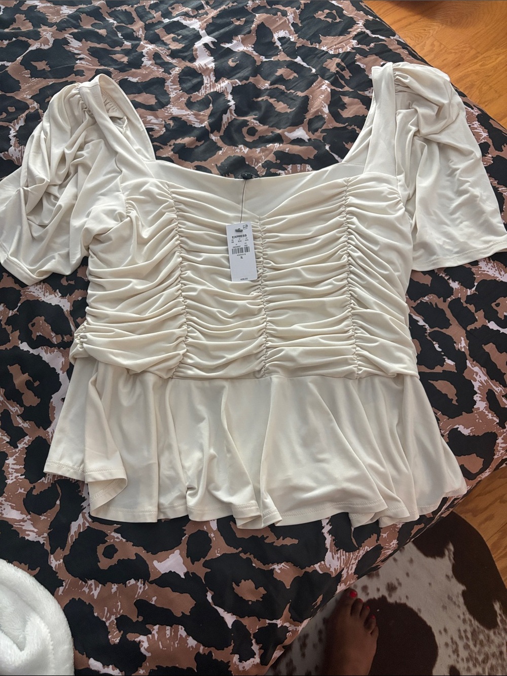 Ruched Cream and Pink Peplum Women's Top - Square Neck